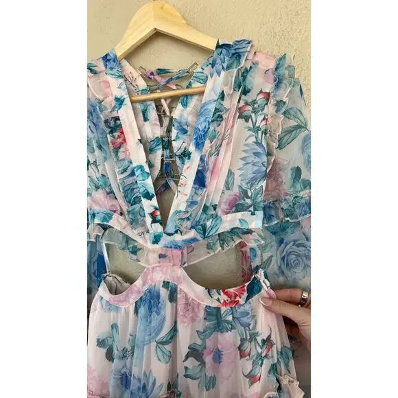 L'atiste Watercolor Floral Cutout Maxi Dress Small Lace Up Back Tiered Feminine - Picture 6 of 9